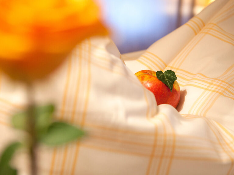 Nahaufnahme Apfel, auf dem Minzblatt liegt auf gestreifter Bettwäsche in Hotelbett
