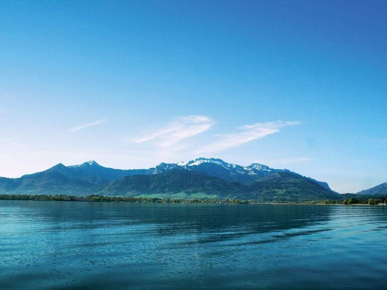 Chiemsee, dahinter grüne Alpenlandschaft und Gebirge im Sommer