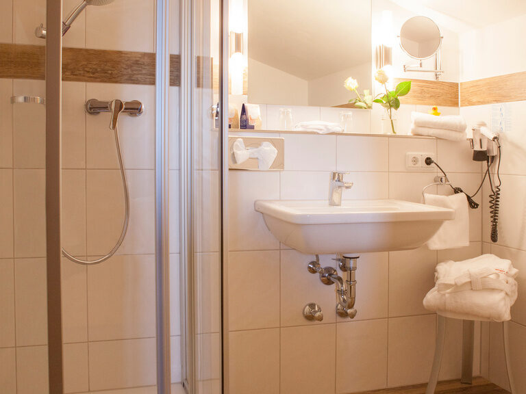 Ein Badezimmer im Hotel Happinger Hof in Bayern mit Dusche, Waschbecken sowie weiterer Badezimmerausstattung