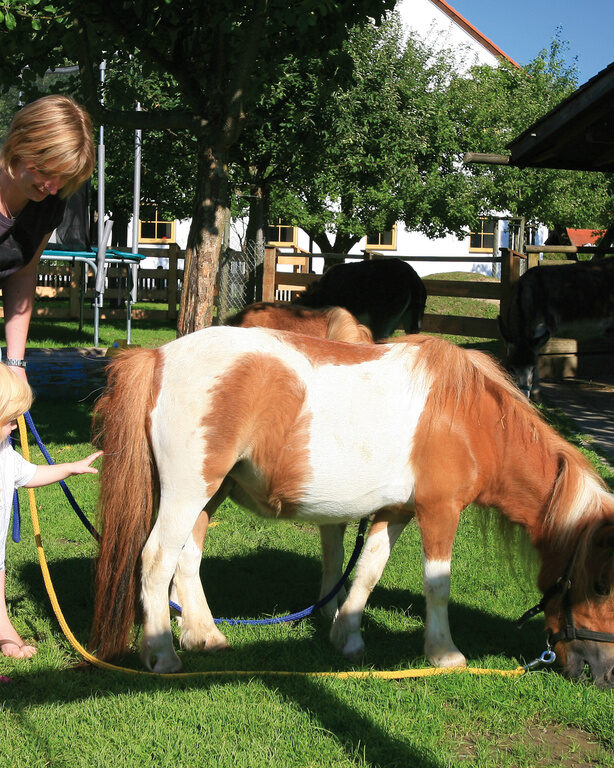 Kleines Mädchen streichelt geflecktes Pony, Mutter steht lächelnd daneben