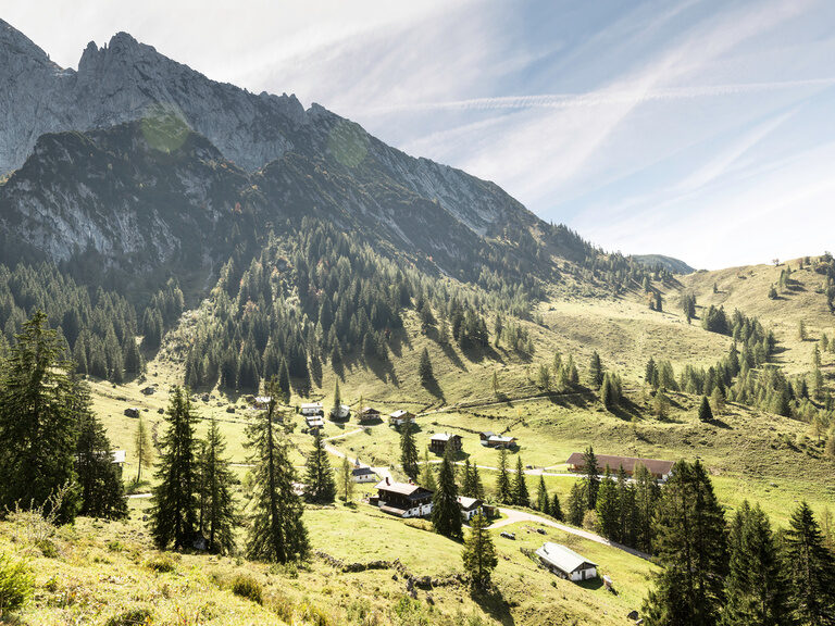 Dorf in Tal im Alpenland, dahinter Gebirge, umgeben von Wäldern