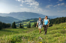 Zwei Wanderer durchschreiten eine Wiese in einem malerischen Alpenvorland, im Hintergrund Wiesen und Berge